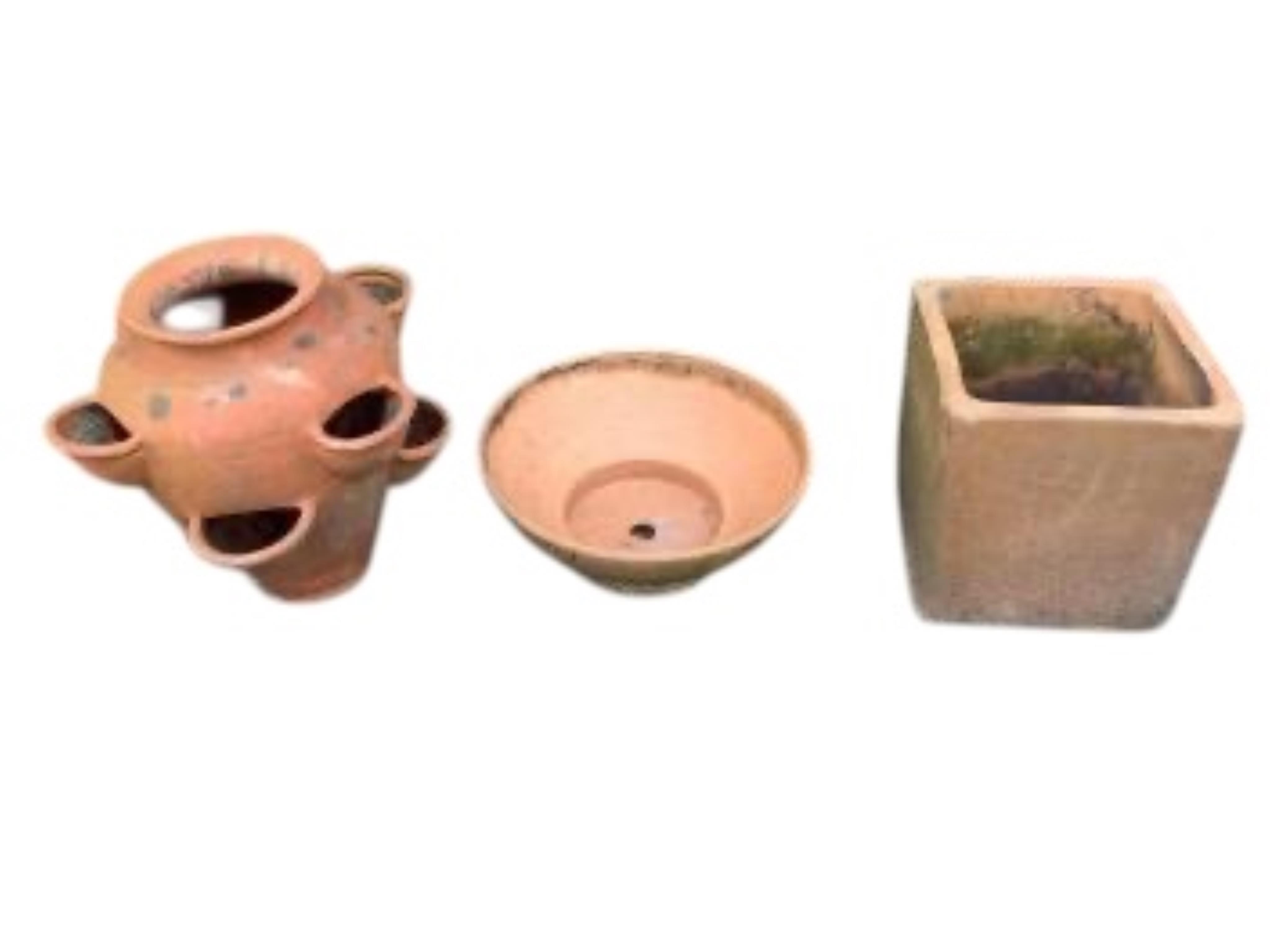 A terracotta strawberry planter and two other planters, largest height 39cm